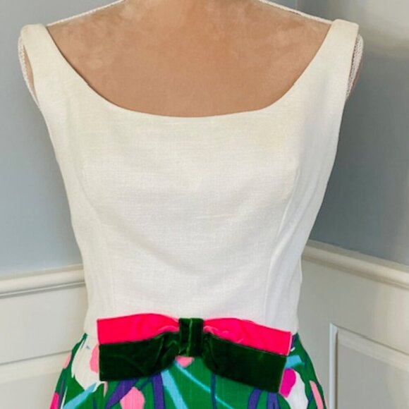 Vintage 1960's Linen Pink & Green Linen Floral High Waist Maxi Dress Vibrant - Picture 2 of 11